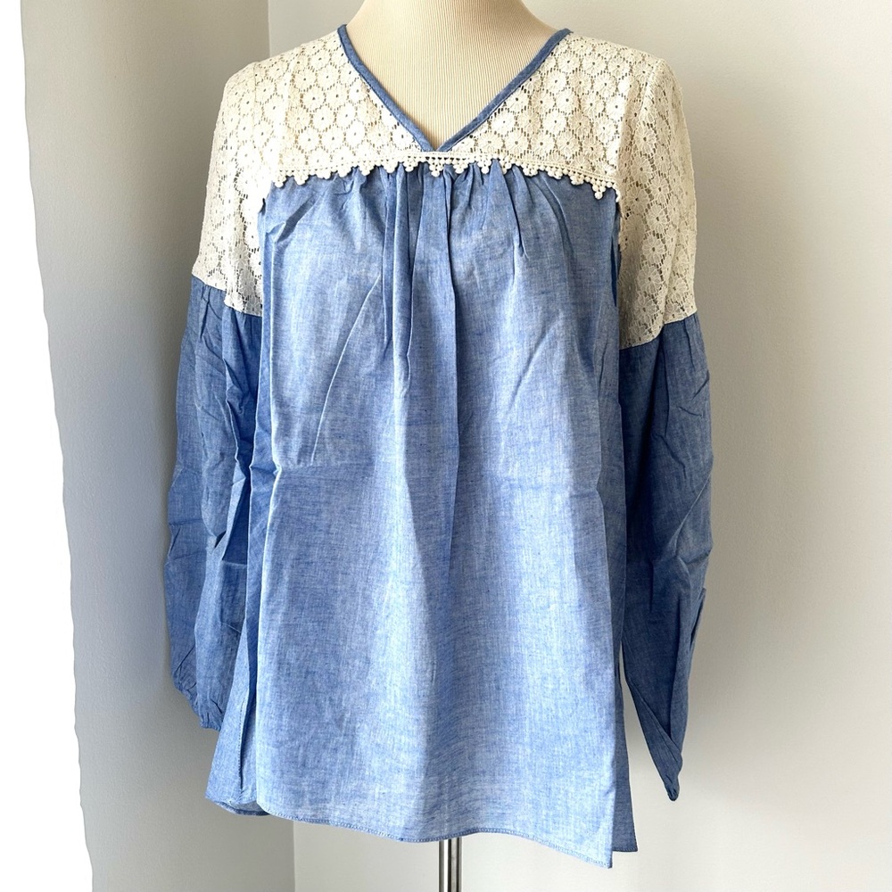 🌸NWT Women’s Handmade Chambray Lace Long Sleeve Top. Size: Large - Picture 4 of 11